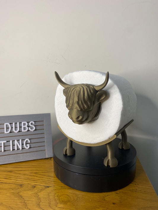 Highland cow 3d printed  lovely toilet roll holder in bronze